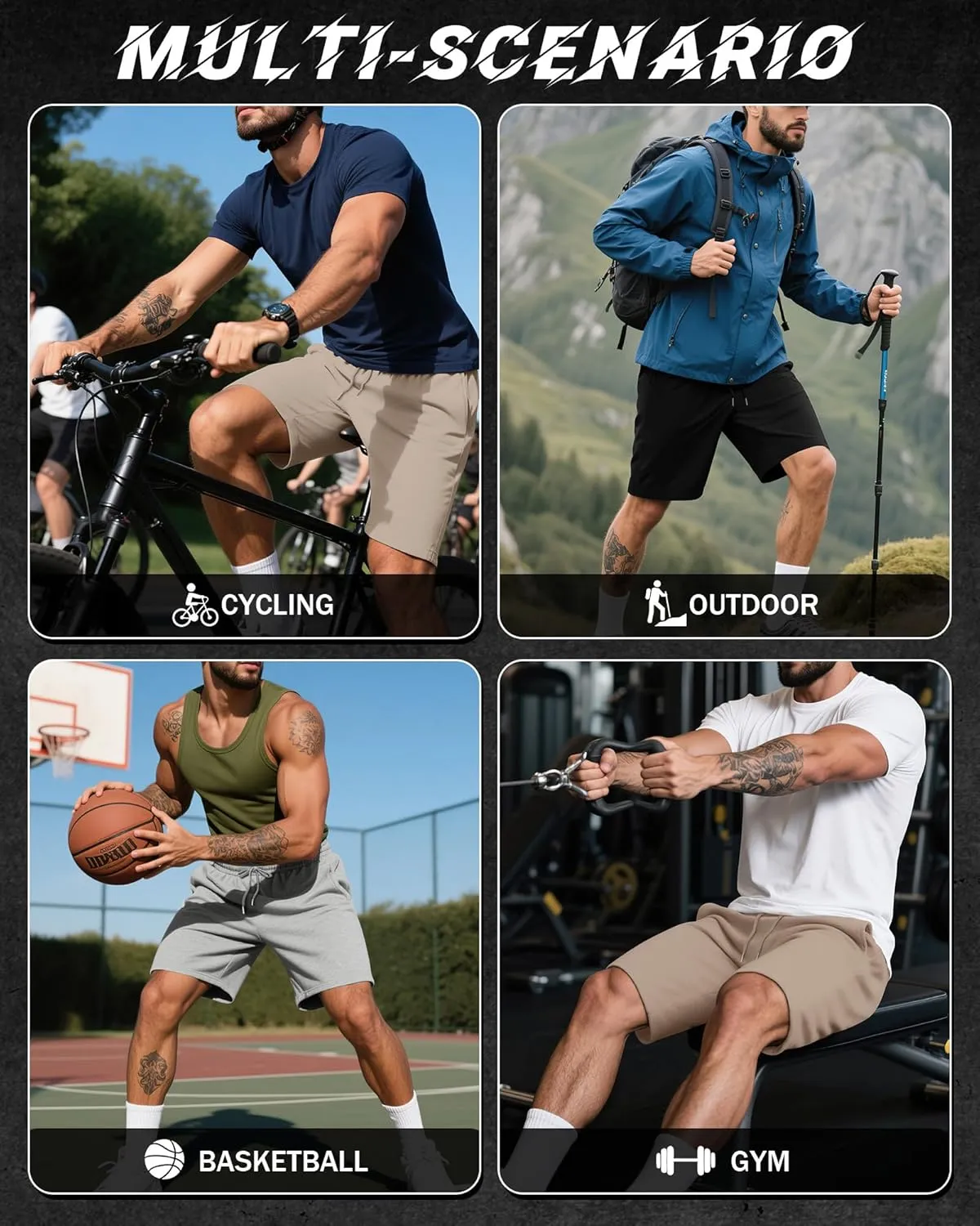 Riyiper 3 Pack Men's Bermuda Athletic Shorts Cotton Casual High Waist Shorts with Pockets Drawstring Knee Length Shorts