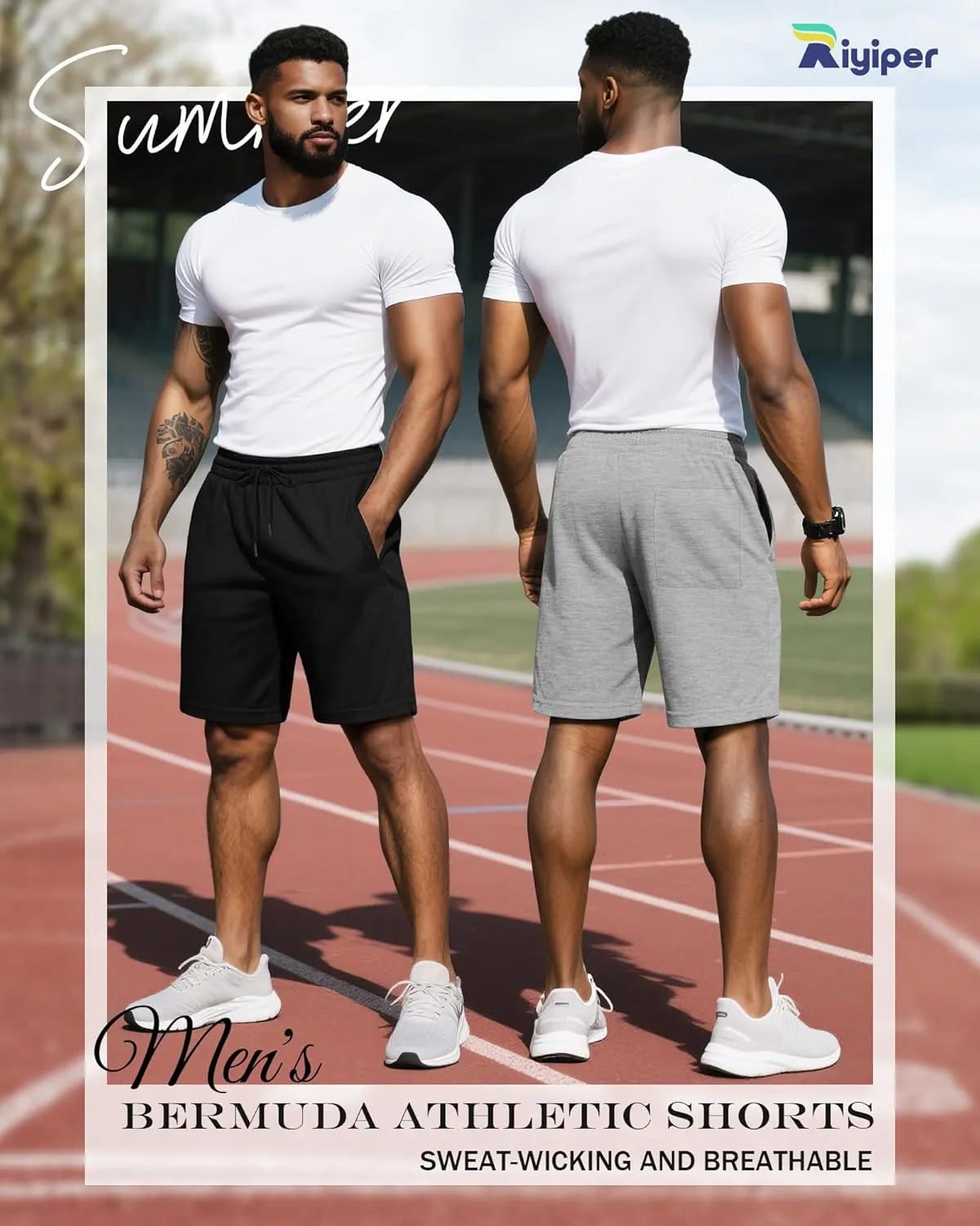 Riyiper 3 Pack Men's Bermuda Athletic Shorts Cotton Casual High Waist Shorts with Pockets Drawstring Knee Length Shorts