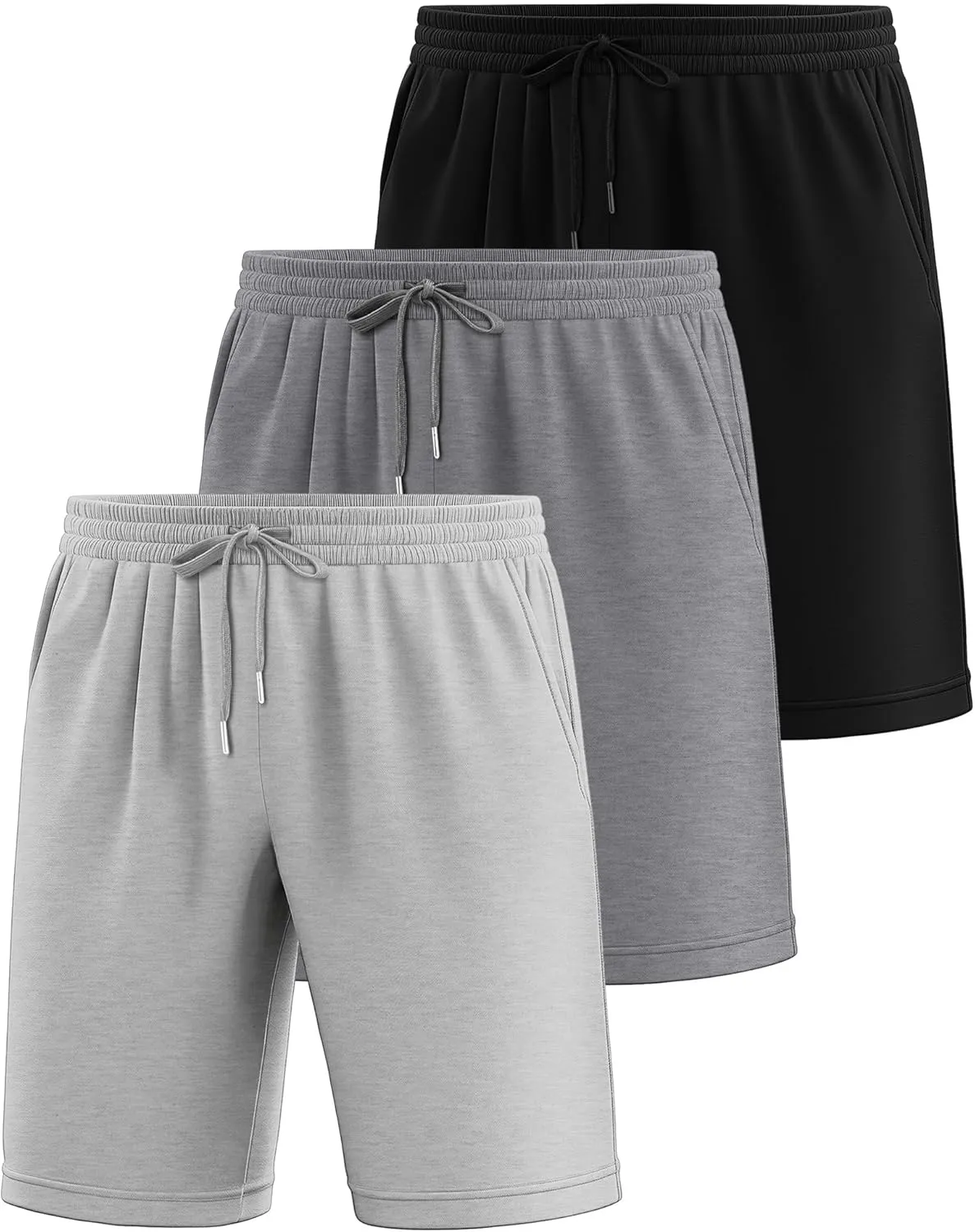 Riyiper 3 Pack Men's Bermuda Athletic Shorts Cotton Casual High Waist Shorts with Pockets Drawstring Knee Length Shorts