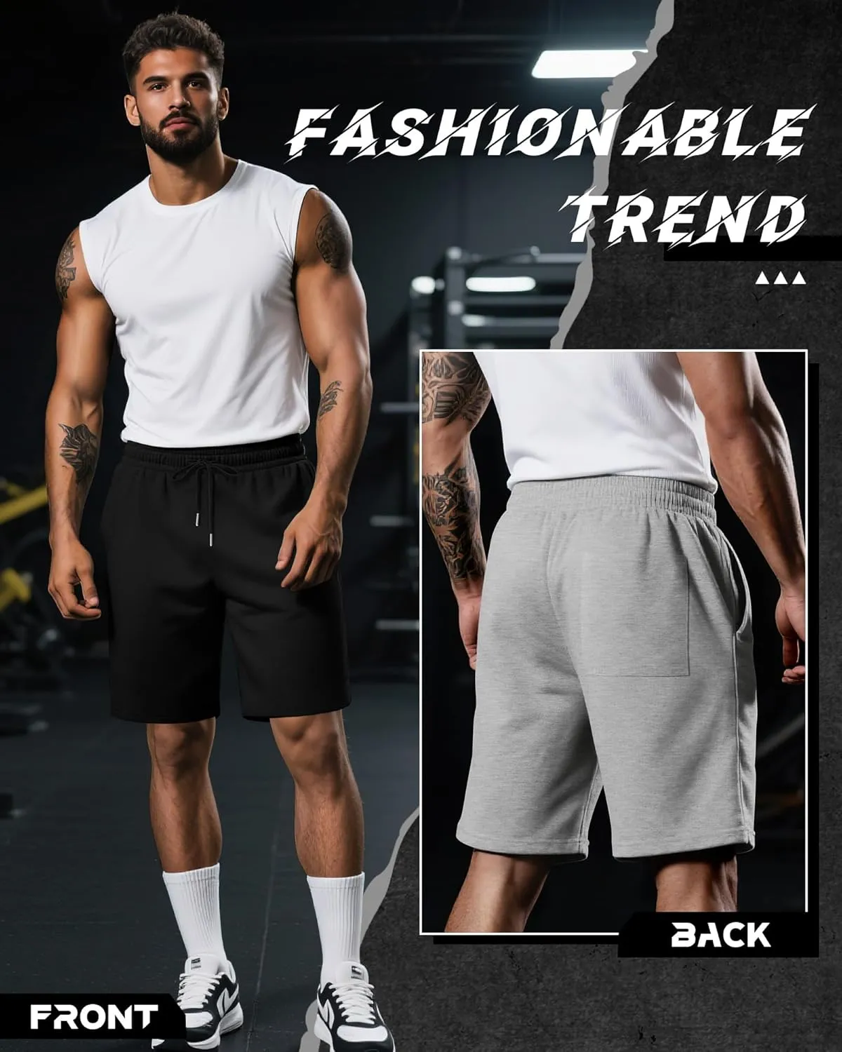 Riyiper 3 Pack Men's Bermuda Athletic Shorts Cotton Casual High Waist Shorts with Pockets Drawstring Knee Length Shorts