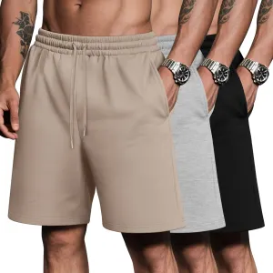 Riyiper 3 Pack Men's Bermuda Athletic Shorts Cotton Casual High Waist Shorts with Pockets Drawstring Knee Length Shorts