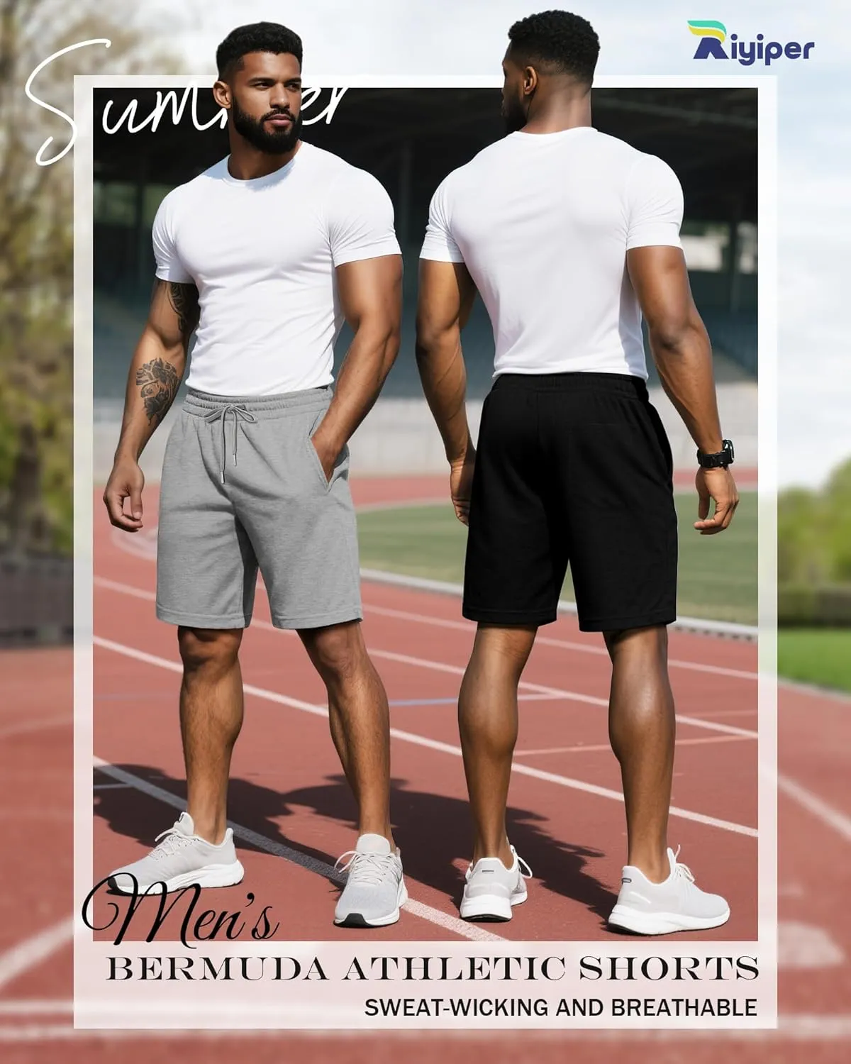 Riyiper 3 Pack Men's Bermuda Athletic Shorts Cotton Casual High Waist Shorts with Pockets Drawstring Knee Length Shorts