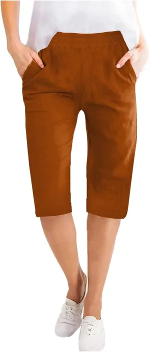 RKSTN Women Half Linen Pants with Pockets Elastic Waist Shorts Summer Beach Capris Solid Straight Wide Leg Knee Length Pant