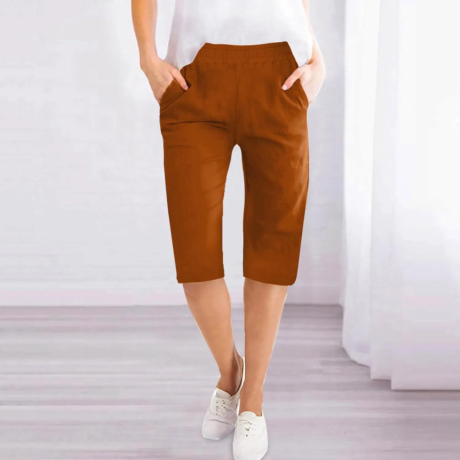 RKSTN Women Half Linen Pants with Pockets Elastic Waist Shorts Summer Beach Capris Solid Straight Wide Leg Knee Length Pant