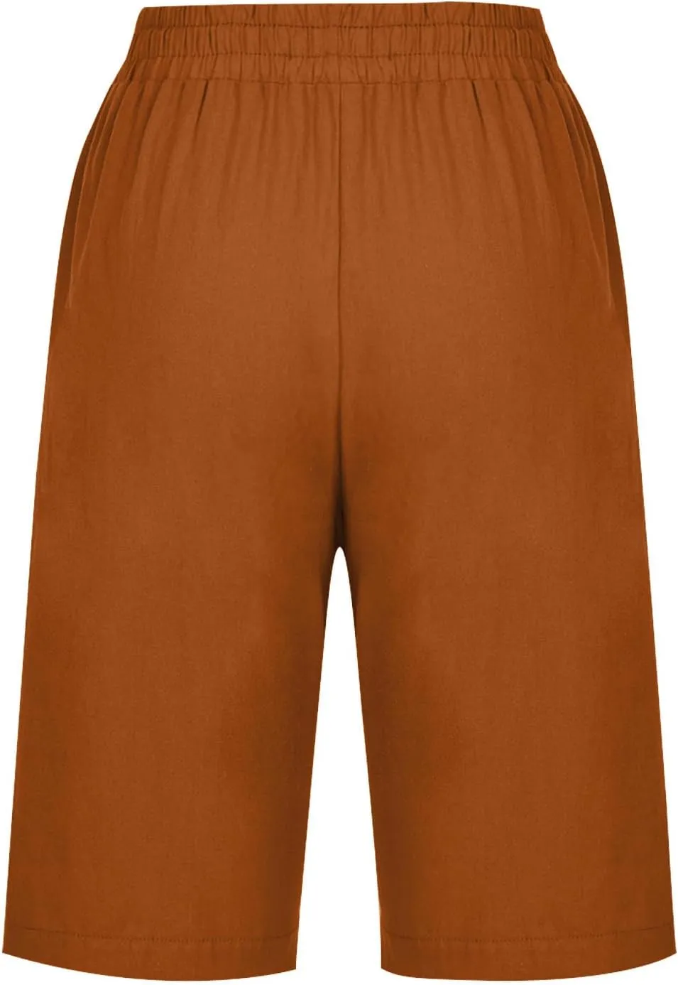 RKSTN Women Half Linen Pants with Pockets Elastic Waist Shorts Summer Beach Capris Solid Straight Wide Leg Knee Length Pant