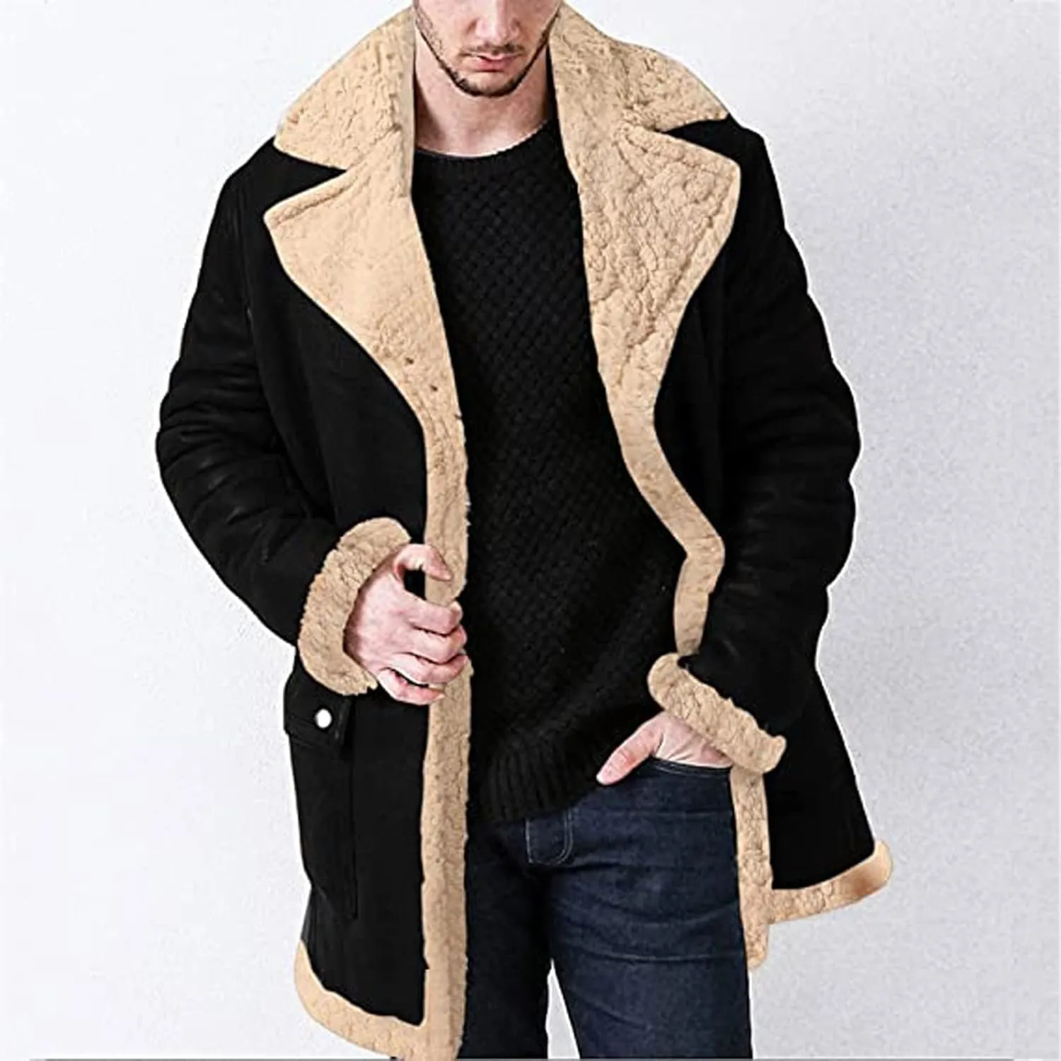 RTRDE Men's Coats Sherpa Lined Pea Coat Business Casual Trench Overcoat Long Jacket, L-5XL