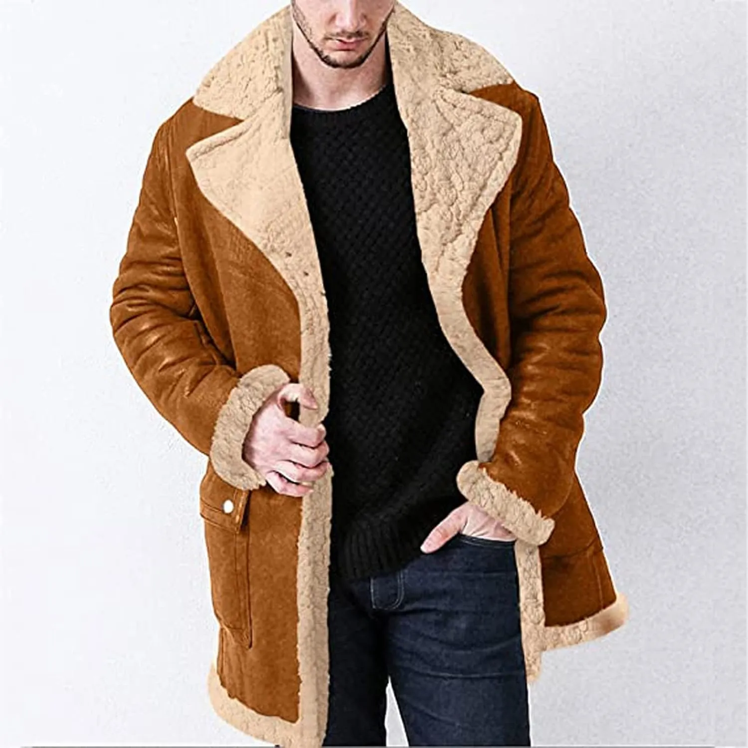 RTRDE Men's Coats Sherpa Lined Pea Coat Business Casual Trench Overcoat Long Jacket, L-5XL