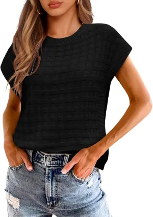 Saodimallsu Womens Cap Sleeve Sweater Tops Casual Crew Neck Sleeveless Loose Knit Summer Lightweight Pullover Top