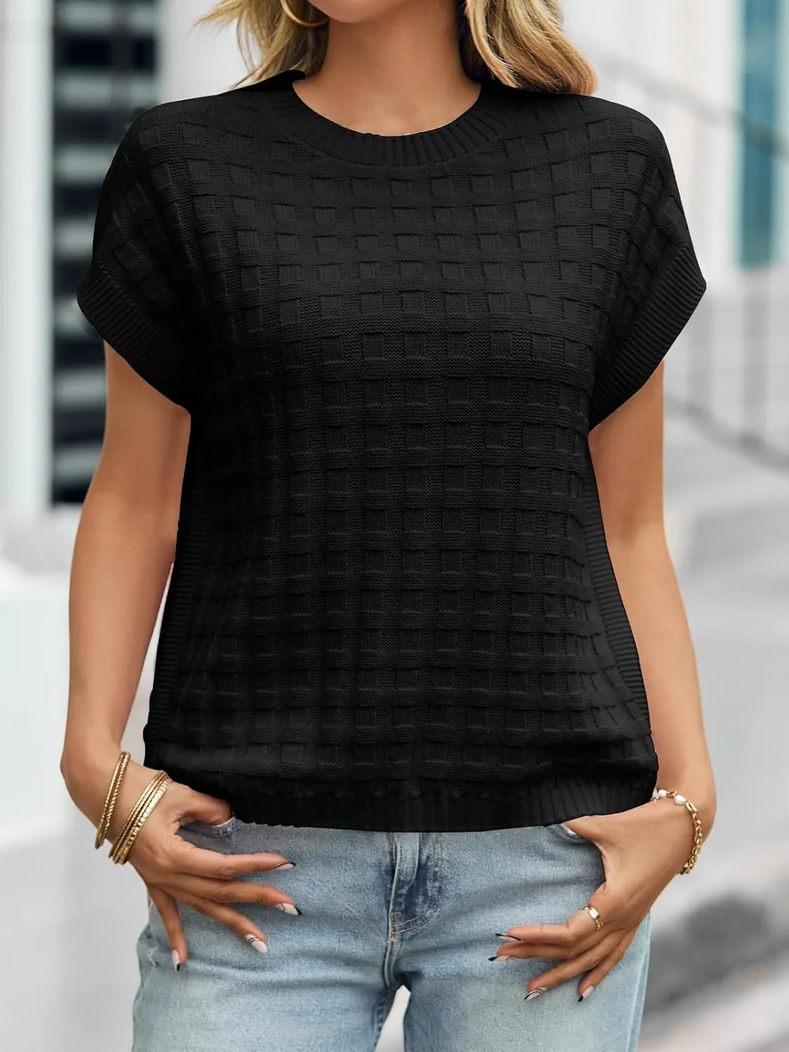 Saodimallsu Womens Cap Sleeve Sweater Tops Casual Crew Neck Sleeveless Loose Knit Summer Lightweight Pullover Top