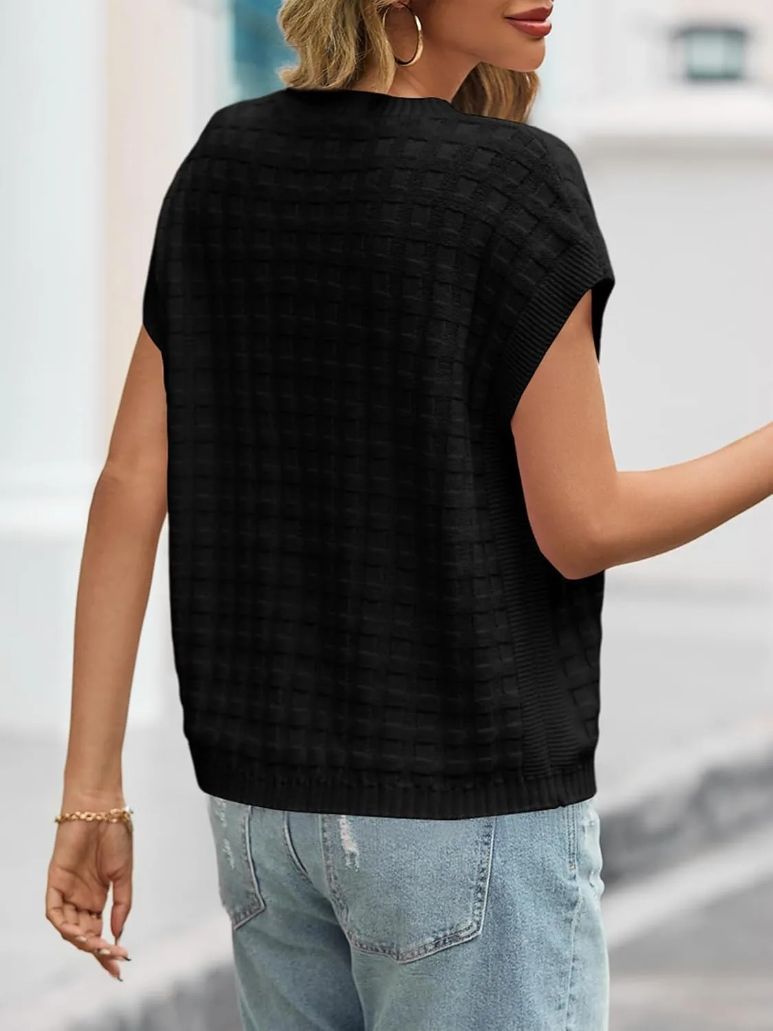 Saodimallsu Womens Cap Sleeve Sweater Tops Casual Crew Neck Sleeveless Loose Knit Summer Lightweight Pullover Top