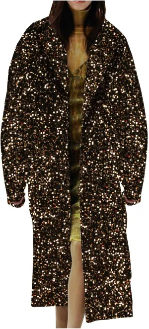 Sequin Jacket for Women Sparkly Trench Coat Party Casual Shiny Cardigan Long Sleeve Open Front Glitter Blazer