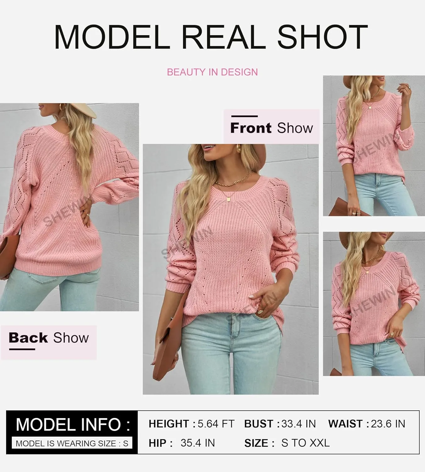 SHEWIN Women's Casual Long Sleeve Crewneck Crochet Sweater Lightweight Knit Pullover Sweaters Tops