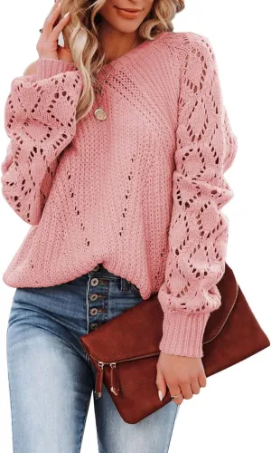 SHEWIN Women's Casual Long Sleeve Crewneck Crochet Sweater Lightweight Knit Pullover Sweaters Tops