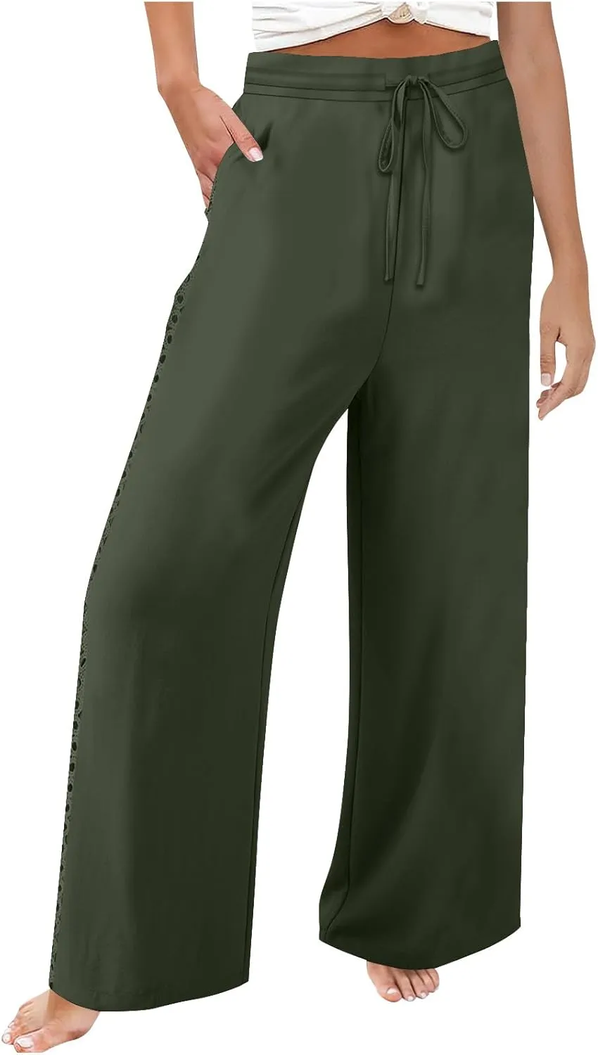 SHOPESSA Linen Pants Women 2025 Summer Hollow Out Side Long Pants Casual Wide Leg Palazzo Pants with Pockets