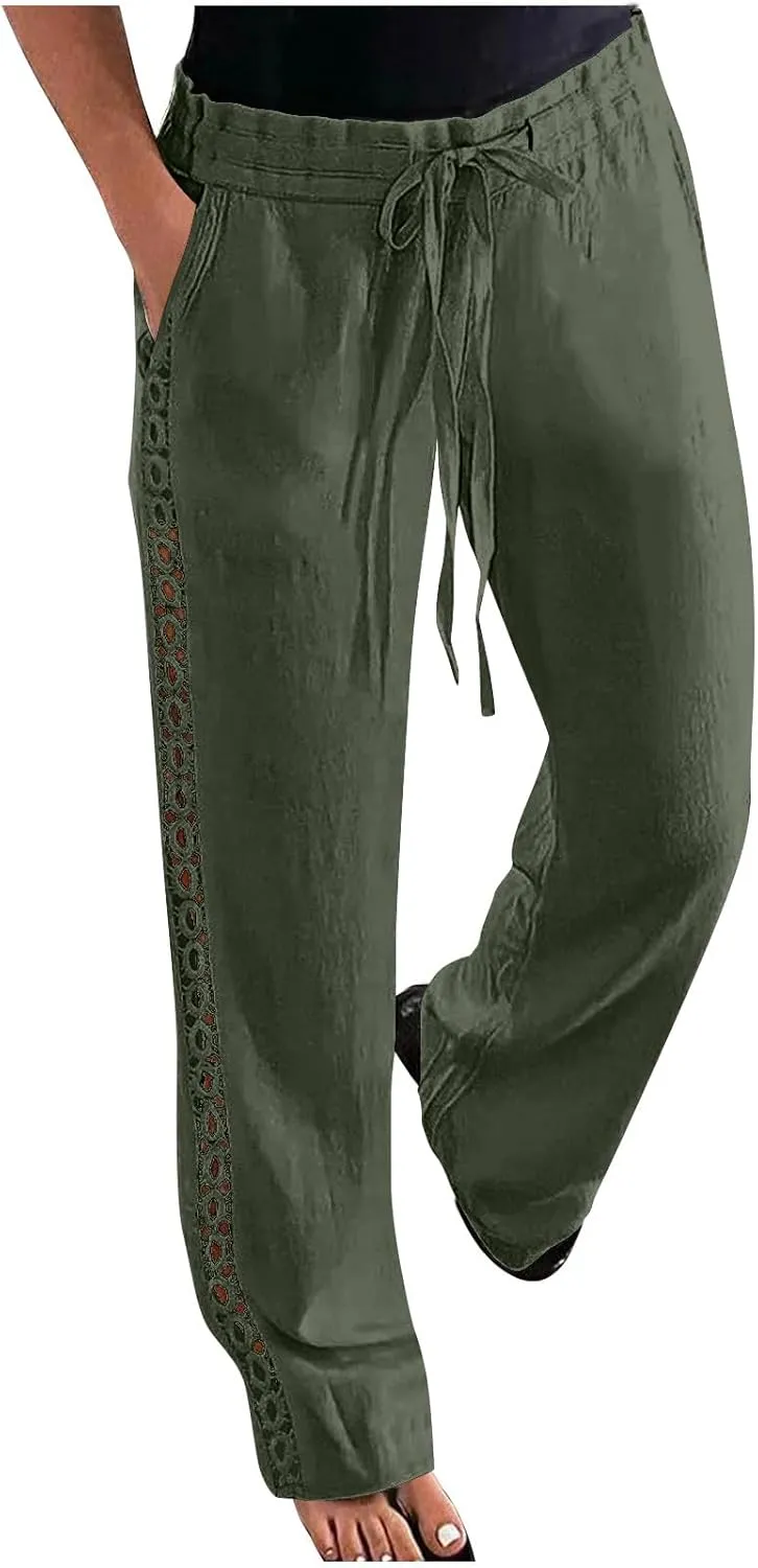 SHOPESSA Linen Pants Women 2025 Summer Hollow Out Side Long Pants Casual Wide Leg Palazzo Pants with Pockets