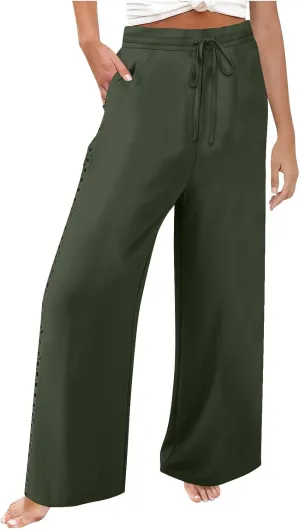 SHOPESSA Linen Pants Women 2025 Summer Hollow Out Side Long Pants Casual Wide Leg Palazzo Pants with Pockets