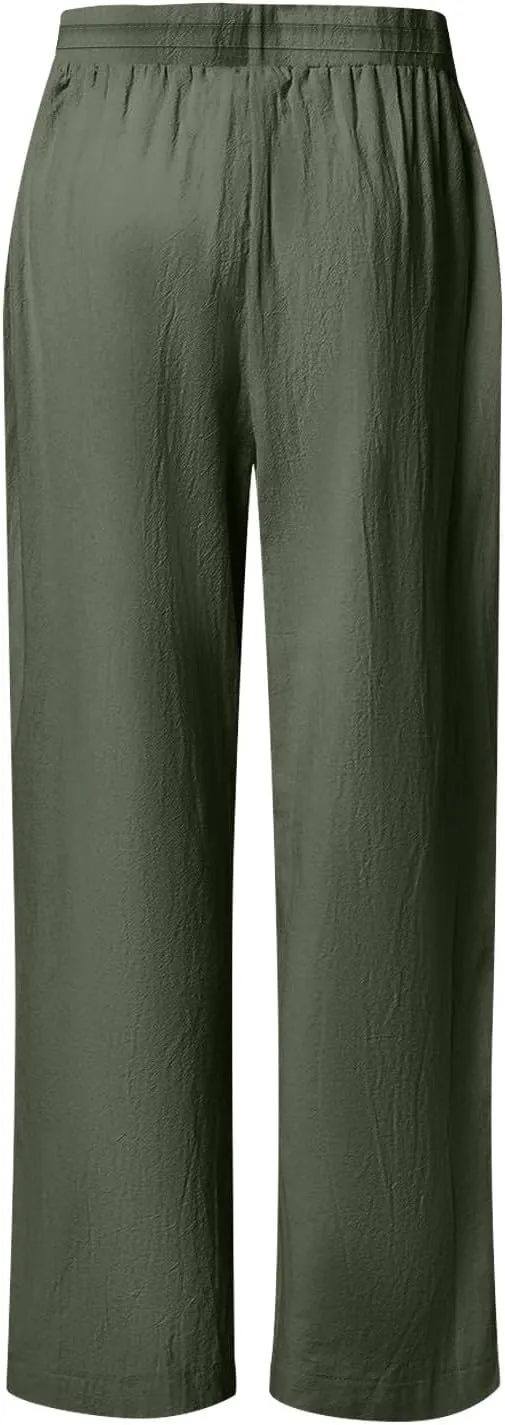 SHOPESSA Linen Pants Women 2025 Summer Hollow Out Side Long Pants Casual Wide Leg Palazzo Pants with Pockets