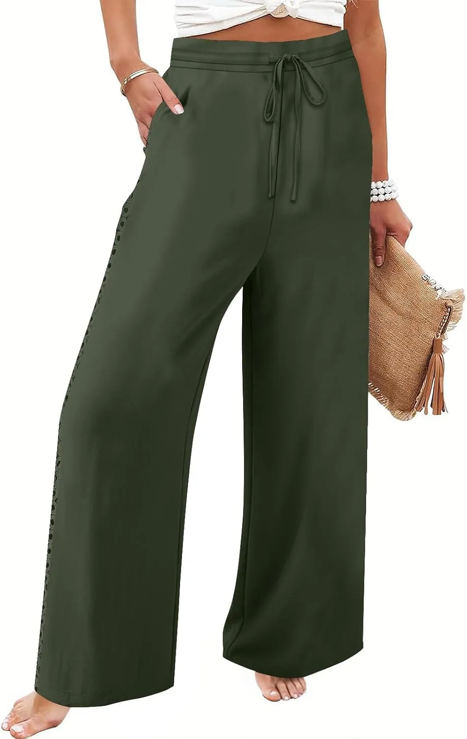 SHOPESSA Linen Pants Women 2025 Summer Hollow Out Side Long Pants Casual Wide Leg Palazzo Pants with Pockets