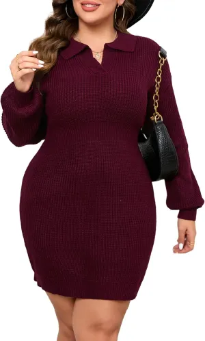 ShopWonder Women Plus Size V-neck Long Sleeve Knit Stretchable Elasticity Slim Sweater Bodycon Midi Pullover Sweater Dress