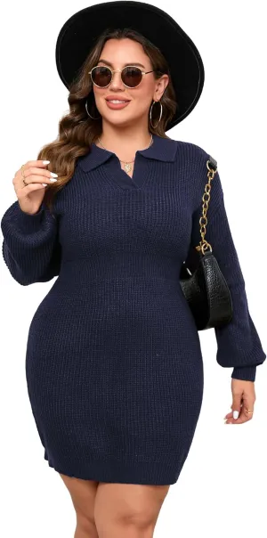 ShopWonder Women Plus Size V-neck Long Sleeve Knit Stretchable Elasticity Slim Sweater Bodycon Midi Pullover Sweater Dress