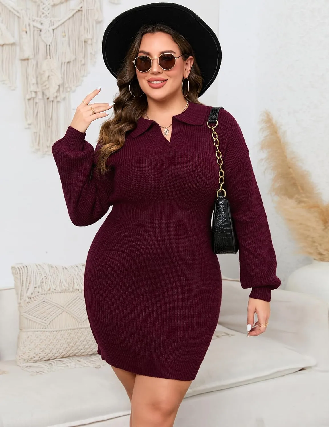 ShopWonder Women Plus Size V-neck Long Sleeve Knit Stretchable Elasticity Slim Sweater Bodycon Midi Pullover Sweater Dress
