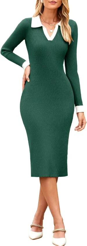Simplee Womens Long Sleeve Sweater Midi Dress V Neck Casual Slim Fit Bodycon Knit Ribbed Slit Long Dress for Fall Winter
