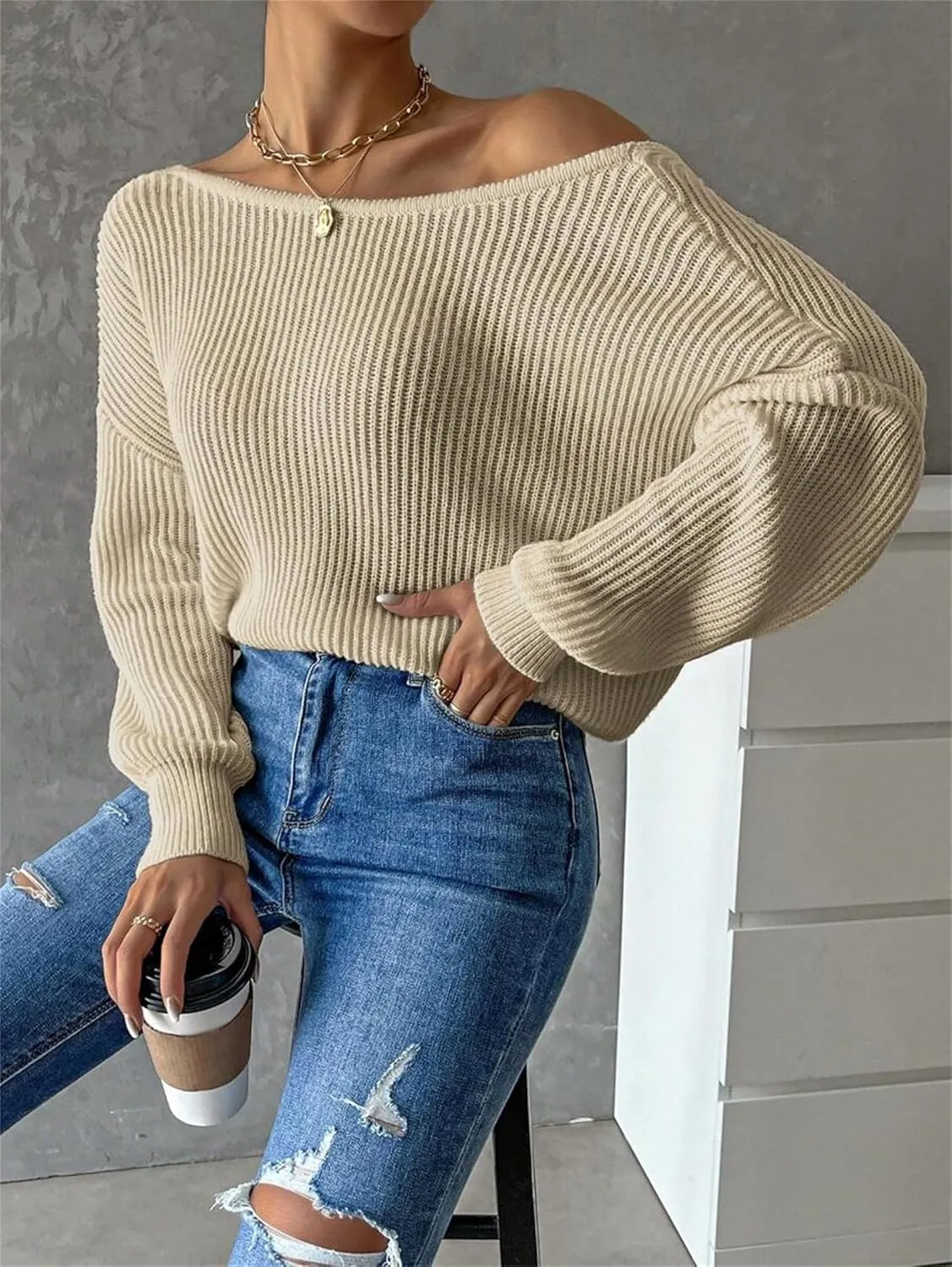 SKAYS Open Back Sweater for Women, Women Criss Cross Boat Neck Long Sleeve Crop Sweater, Frenchy Twist Back Sweater