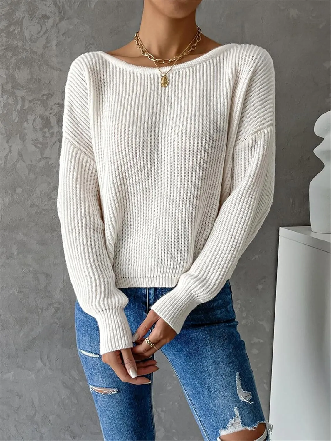 SKAYS Open Back Sweater for Women, Women Criss Cross Boat Neck Long Sleeve Crop Sweater, Frenchy Twist Back Sweater
