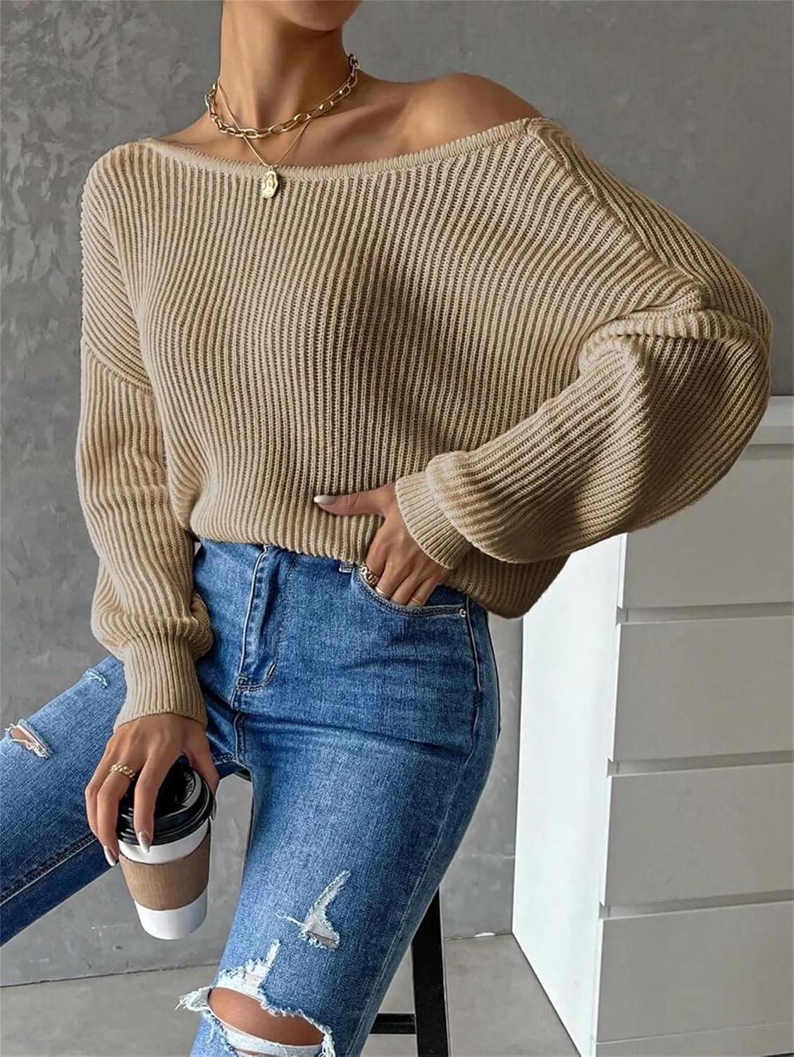SKAYS Open Back Sweater for Women, Women Criss Cross Boat Neck Long Sleeve Crop Sweater, Frenchy Twist Back Sweater