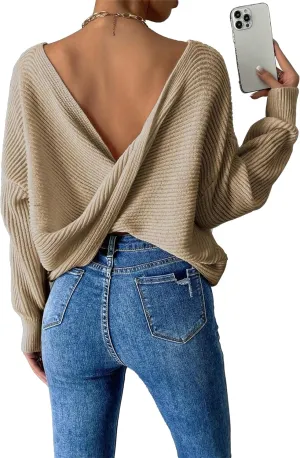 SKAYS Open Back Sweater for Women, Women Criss Cross Boat Neck Long Sleeve Crop Sweater, Frenchy Twist Back Sweater