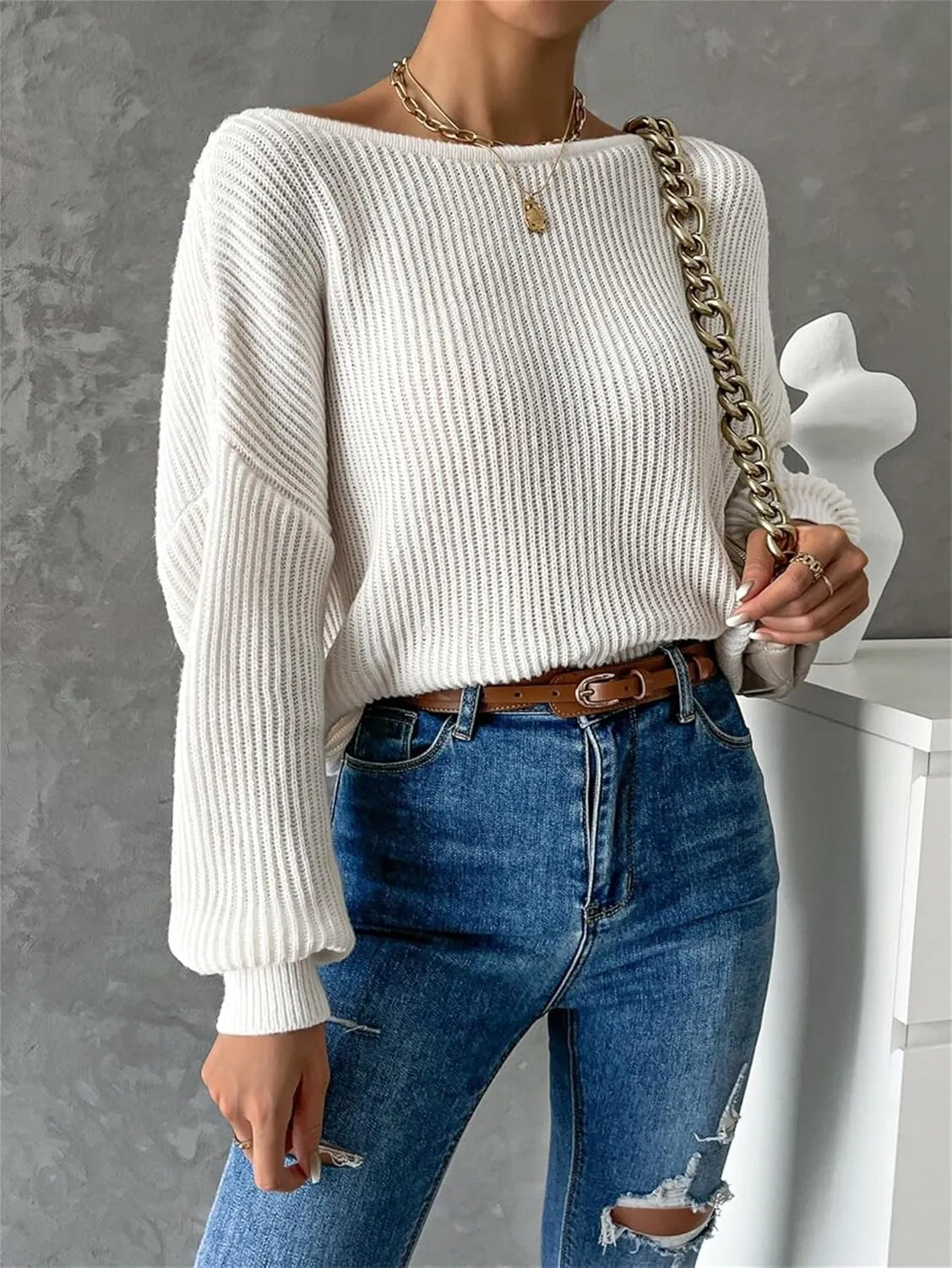 SKAYS Open Back Sweater for Women, Women Criss Cross Boat Neck Long Sleeve Crop Sweater, Frenchy Twist Back Sweater