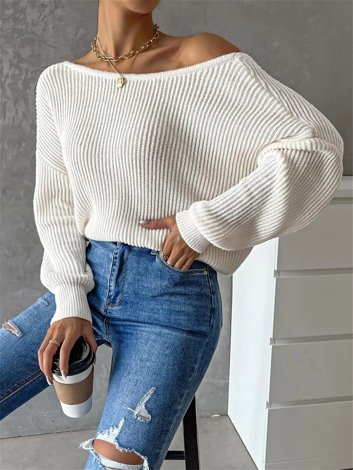 SKAYS Open Back Sweater for Women, Women Criss Cross Boat Neck Long Sleeve Crop Sweater, Frenchy Twist Back Sweater