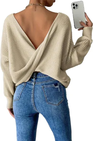 SKAYS Open Back Sweater for Women, Women Criss Cross Boat Neck Long Sleeve Crop Sweater, Frenchy Twist Back Sweater