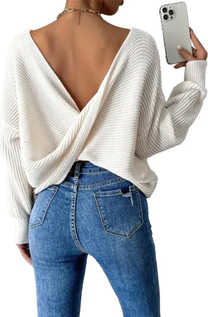 SKAYS Open Back Sweater for Women, Women Criss Cross Boat Neck Long Sleeve Crop Sweater, Frenchy Twist Back Sweater