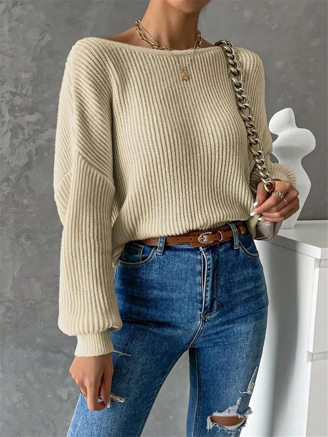 SKAYS Open Back Sweater for Women, Women Criss Cross Boat Neck Long Sleeve Crop Sweater, Frenchy Twist Back Sweater
