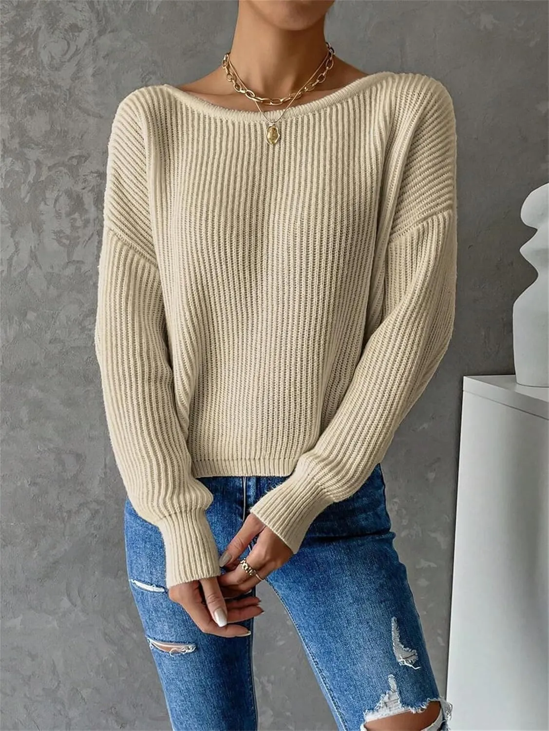 SKAYS Open Back Sweater for Women, Women Criss Cross Boat Neck Long Sleeve Crop Sweater, Frenchy Twist Back Sweater