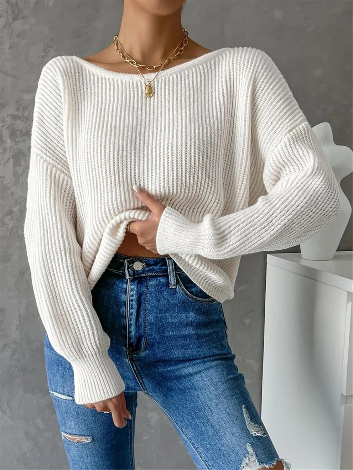 SKAYS Open Back Sweater for Women, Women Criss Cross Boat Neck Long Sleeve Crop Sweater, Frenchy Twist Back Sweater