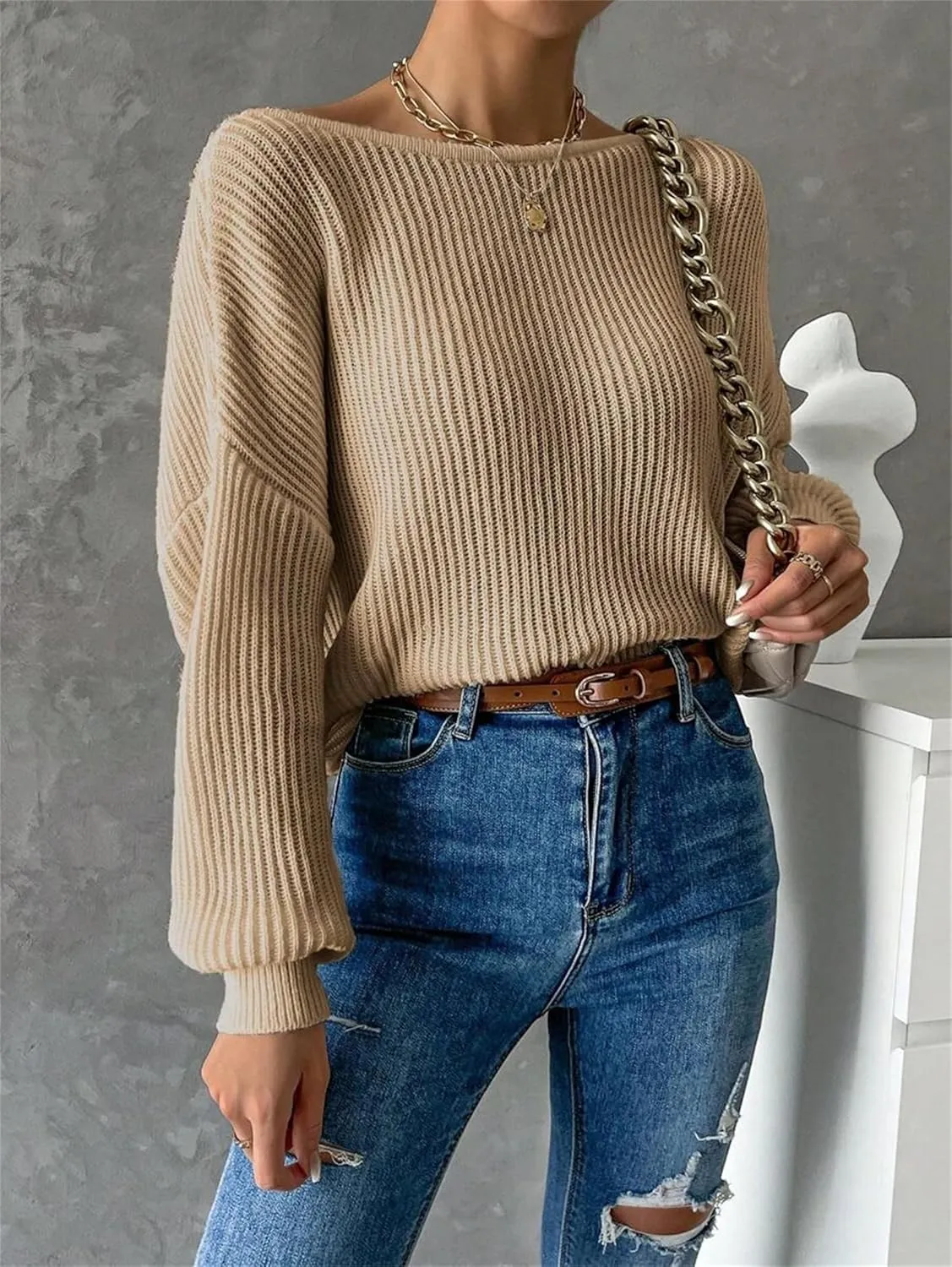 SKAYS Open Back Sweater for Women, Women Criss Cross Boat Neck Long Sleeve Crop Sweater, Frenchy Twist Back Sweater