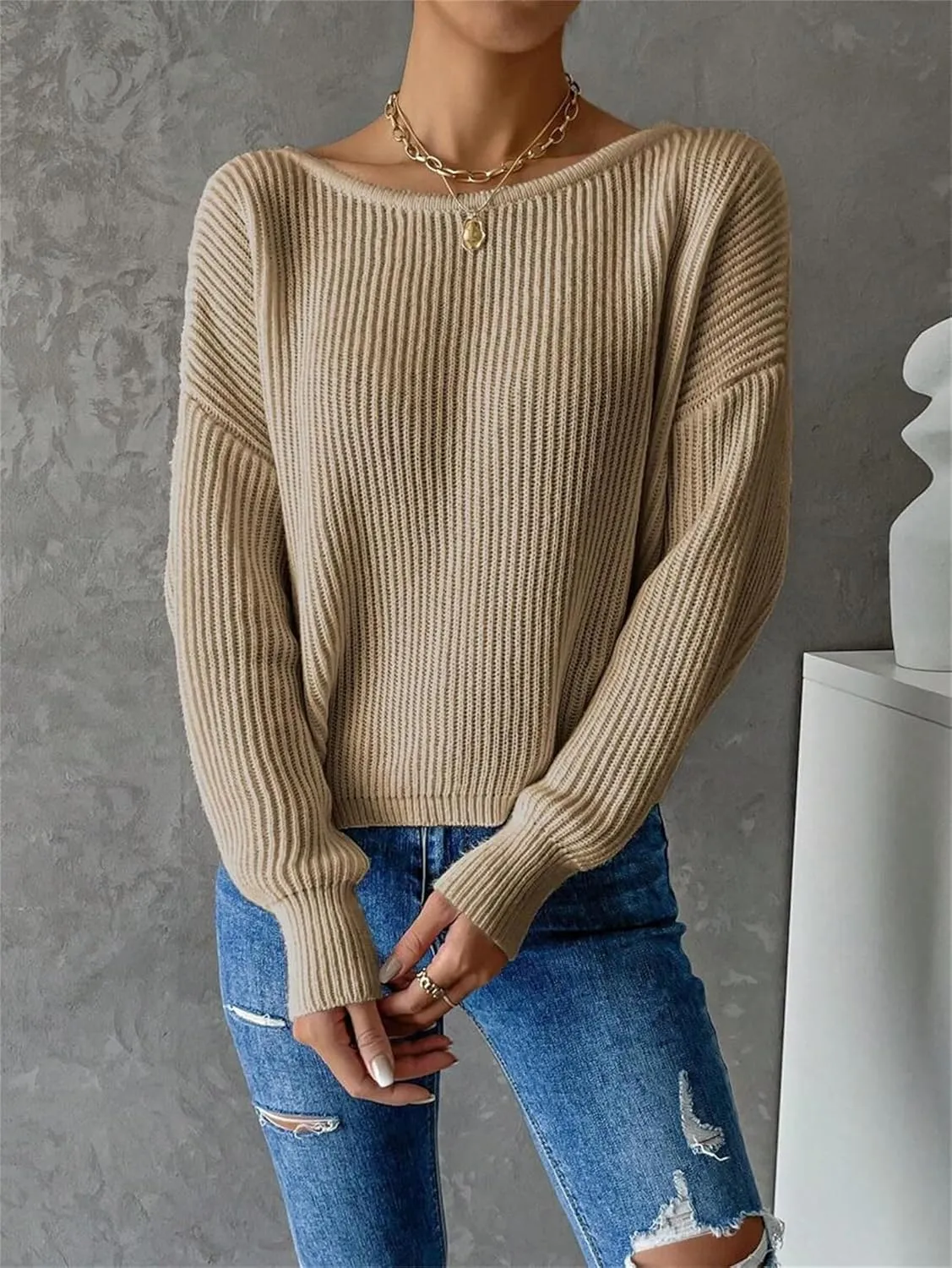 SKAYS Open Back Sweater for Women, Women Criss Cross Boat Neck Long Sleeve Crop Sweater, Frenchy Twist Back Sweater