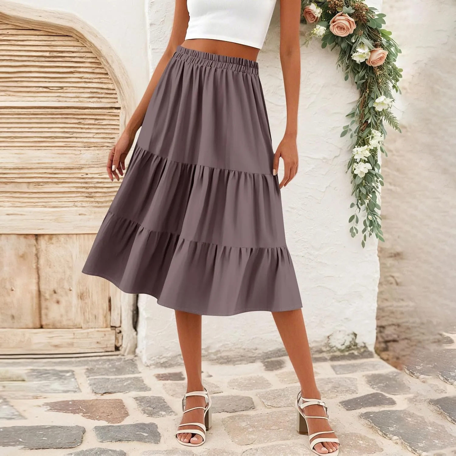 Skirts for Women Midi Length Boho Beach Vacation Flowy Floral Skirt Summer Casual Comfy High Waisted A Line Skirt