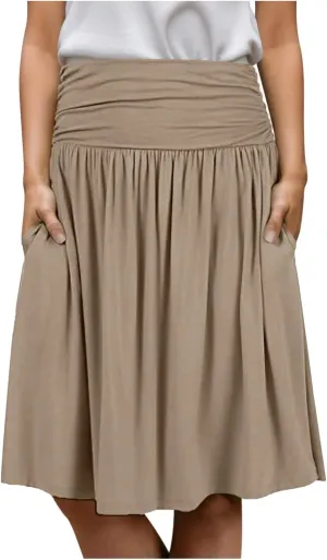 Skirts for Women Summer Plus Size Pleated School Skirt High Waist Ruched Below The Knee Length Workout Skirts with Pockets
