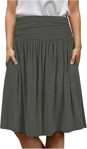 Skirts for Women Summer Plus Size Pleated School Skirt High Waist Ruched Below The Knee Length Workout Skirts with Pockets
