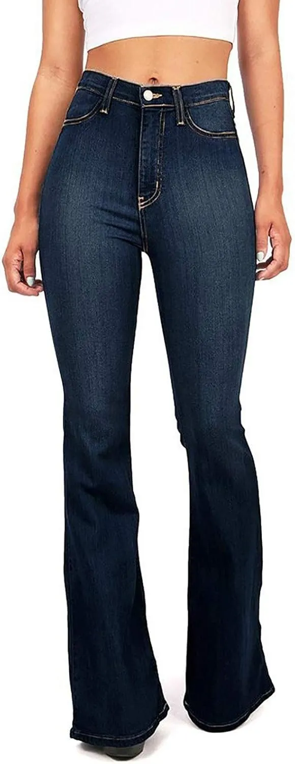 Slim-fit Flared Jeans for Women High Waisted Vintage Wide Leg Denim Pants Lightweight Casual Trousers with Pockets