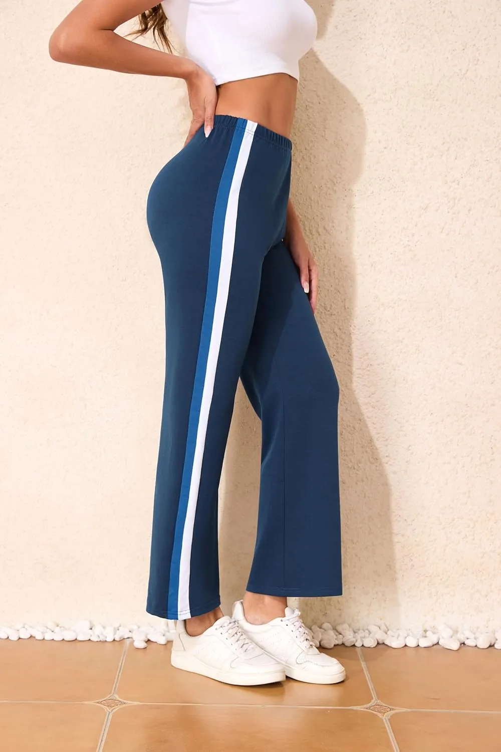 Sports Pants for Women High Waist Tummy Control Trousers Elastic Color Block Flare Sweatpants