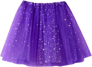 Star Sequin Tulle Tutu Skirt for Women Elastic Waisted Mini Pleated Skirts Adult Sparkling Ballet Dancing Skirt (Purple, One Size)