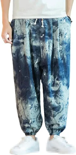 Streetwear Mens Harem Pants Vintage Linen Casual Pants Jogging Male Wide Leg Trousers Big Size