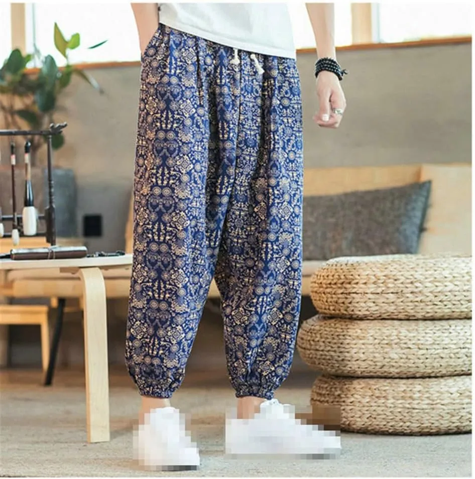 Streetwear Mens Harem Pants Vintage Linen Casual Pants Jogging Male Wide Leg Trousers Big Size