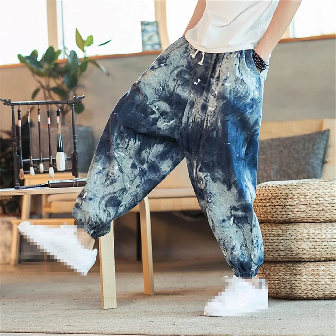 Streetwear Mens Harem Pants Vintage Linen Casual Pants Jogging Male Wide Leg Trousers Big Size