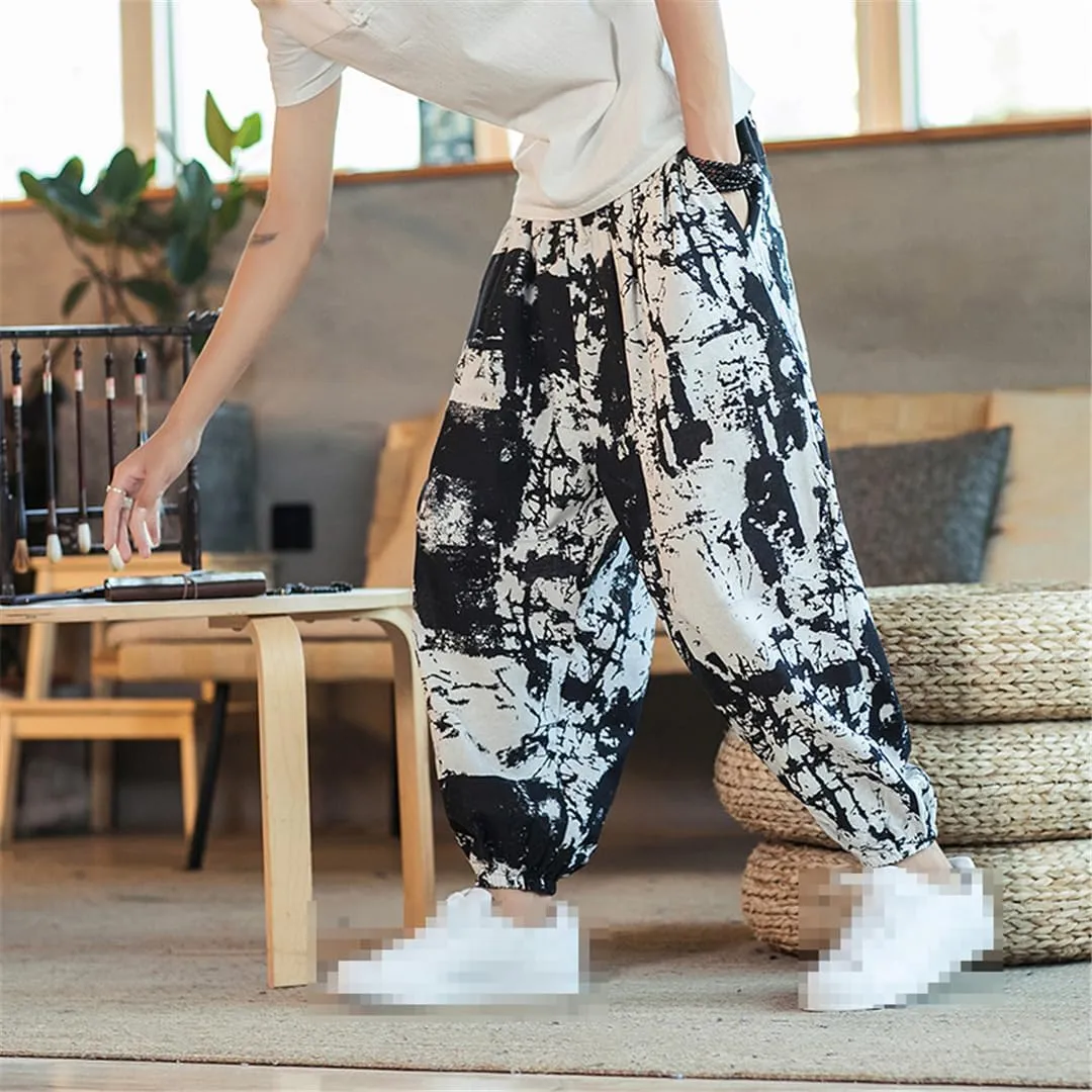 Streetwear Mens Harem Pants Vintage Linen Casual Pants Jogging Male Wide Leg Trousers Big Size