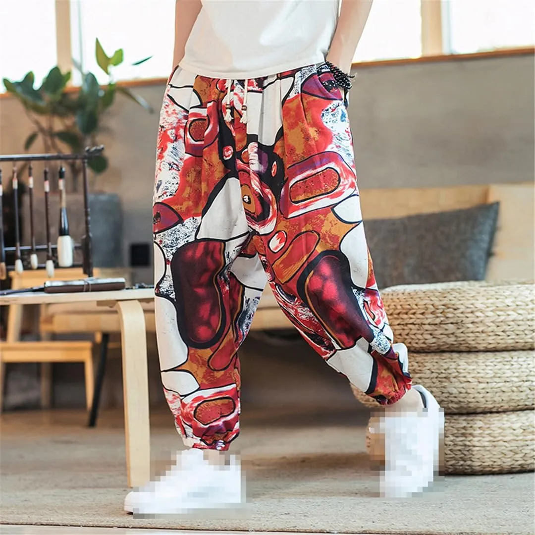 Streetwear Mens Harem Pants Vintage Linen Casual Pants Jogging Male Wide Leg Trousers Big Size